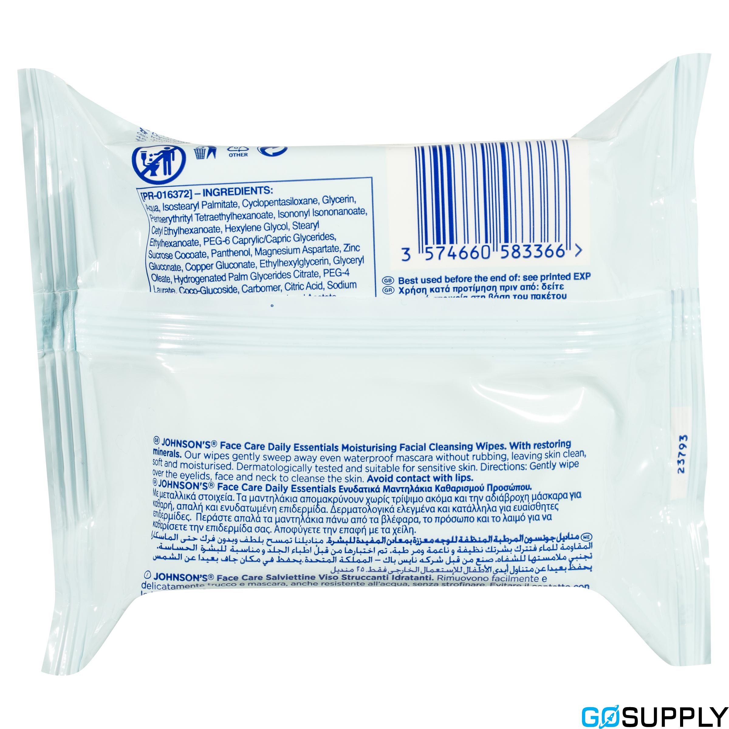 Johnson's Face Care Daily Essentials Moisturising Dry Skin Wipes - Pack Size: 25 Pack