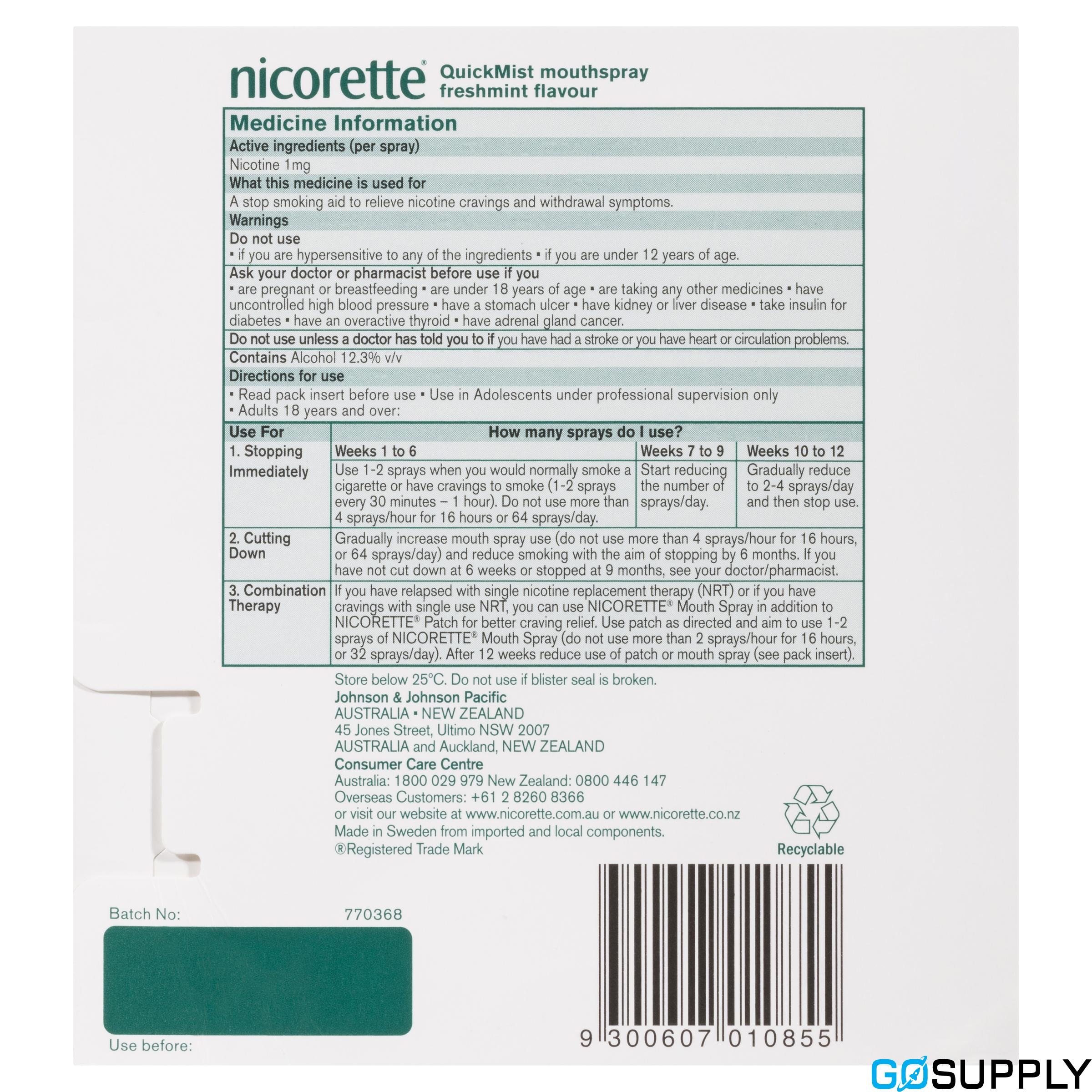 Nicorette Quit Smoking QuickMist Mouth Spray Freshmint 1mg 13.2mL 2 Pack