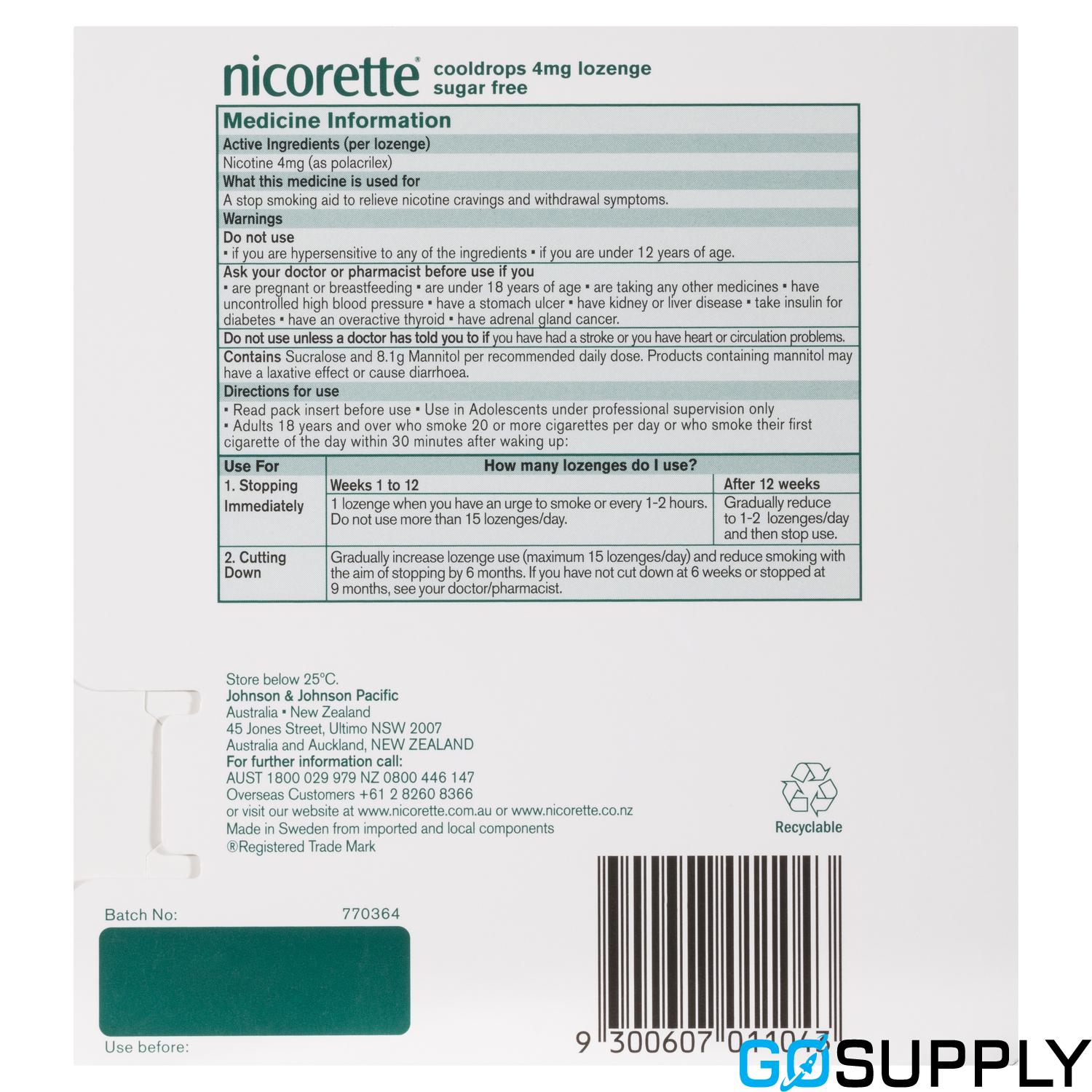 Nicorette Quit Smoking Cooldrops Lozenge Icy Mint Extra Strength 4 x 20 Pack