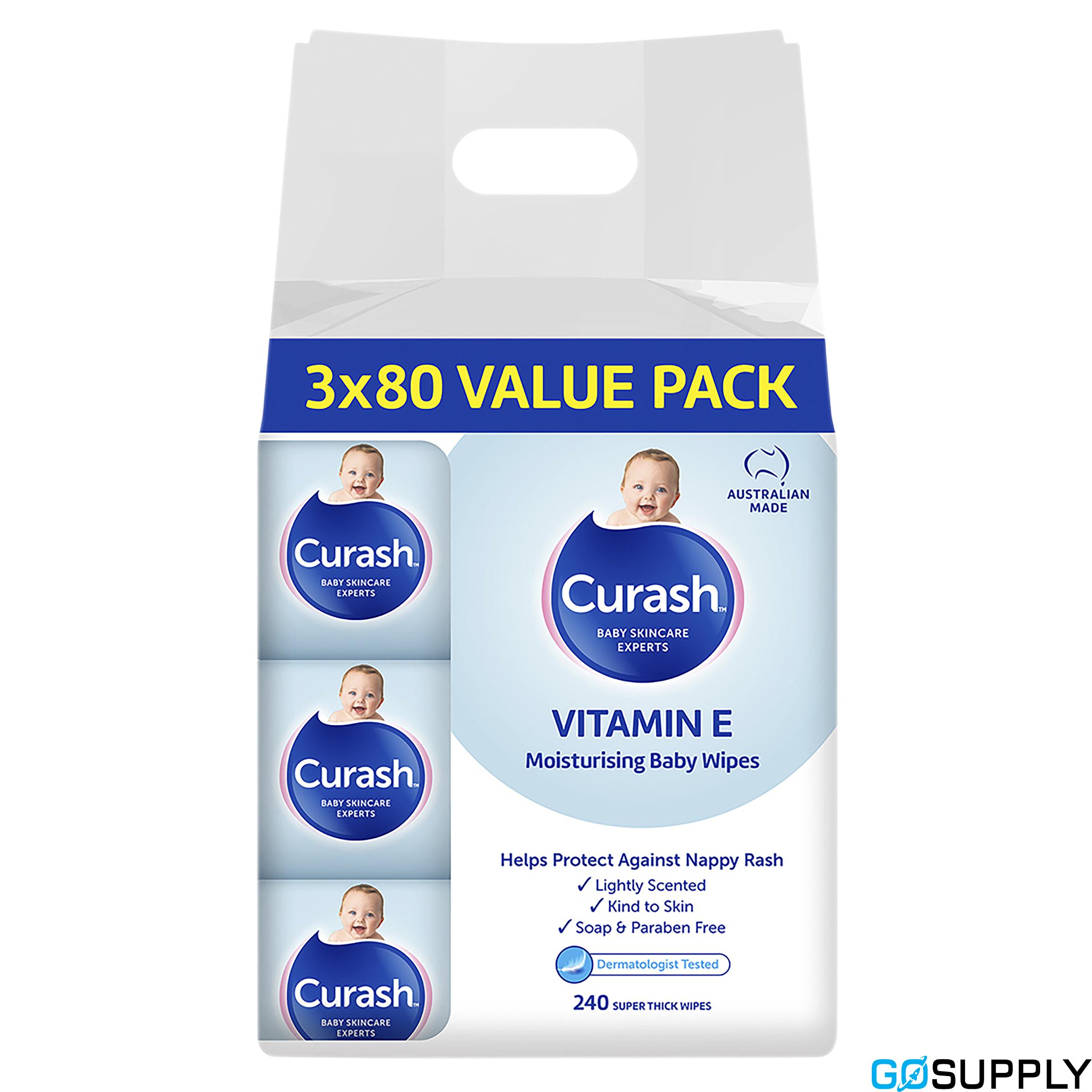 Curash Babycare Vitamin E Baby Wipes - Pack Size: 3 x 80 Pack