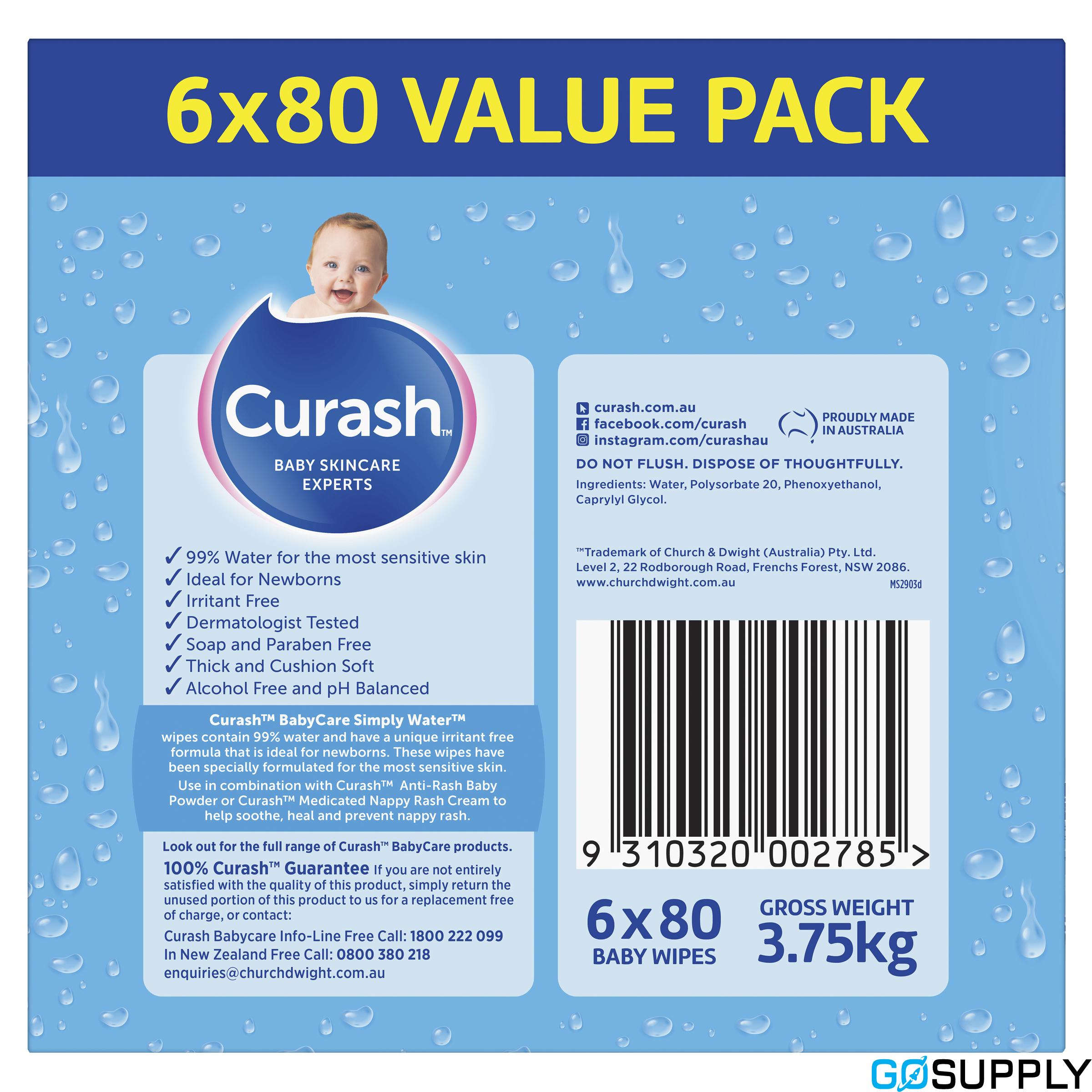 Curash Babycare Simply Water Baby Wipes 6 x 80s
