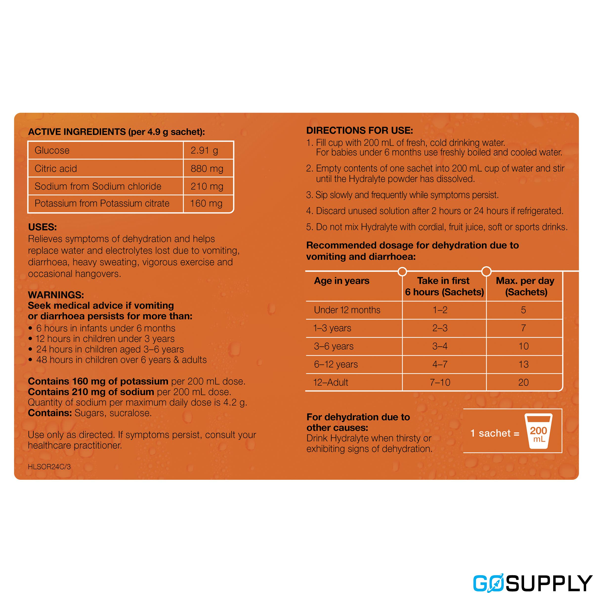 Hydralyte Electrolyte Powder - Flavour: Orange Quantity: 24 sachets