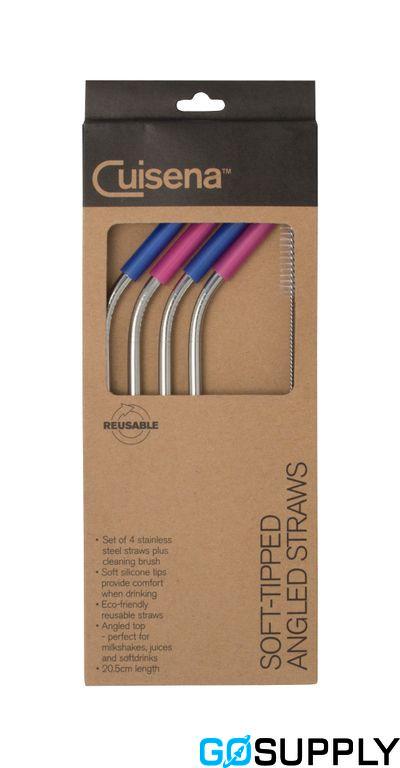 Cuisena Stainless Steel Straw Silicone Tips with Cleaning Brush Set of 4 Silver