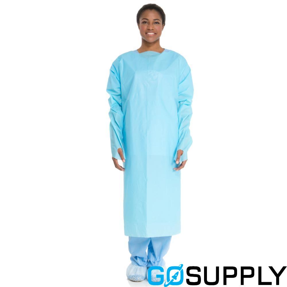 GOWN EXAM ISOLATION THUMBS UP IMPERVIOUS BLUE - Size: REG