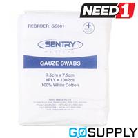 SENTRY 8 PLY GAUZE SWABS  7.5cm x 7.5cm 5 pack (Sterile)