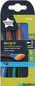 Tommee Tippee Easigrip - Self-Feeding Weaning Spoons with BACSHIELD Antibacterial Technology, Chunky Handles, 6 Months+ - Pack of 5