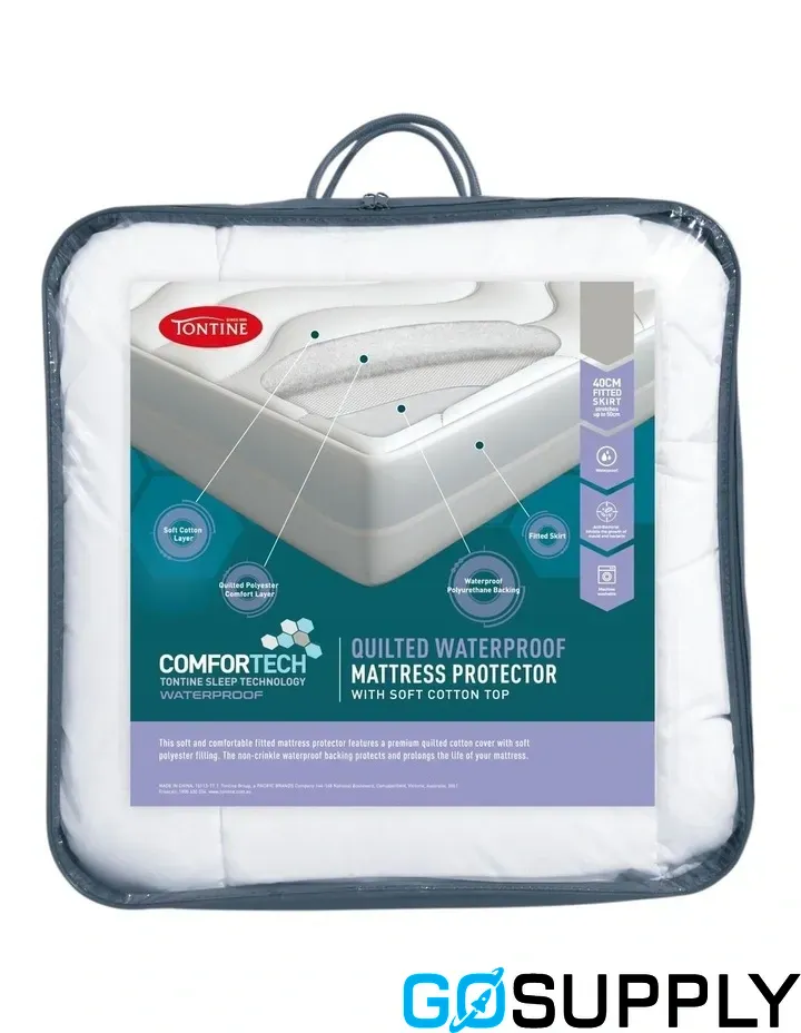 Tontine Comfortech Quilted Waterproof Mattress Protector, Queen, Soft Cotton Cover, 50cm Fitted Skirt, Anti Bacterial, Machine Washable