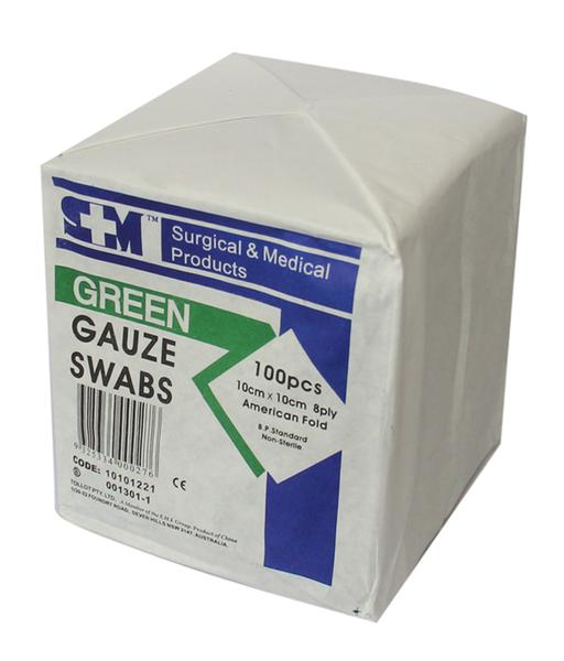 GAUZE GREEN SWABS - Size: 10cmx10cm Pack Size: 100's